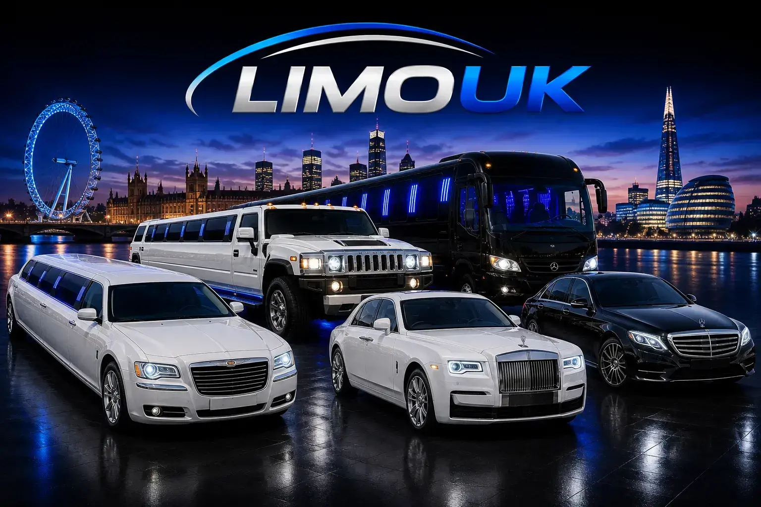 Luxury limousine hire UK fleet including stretch limos, Hummer limousine, party bus, wedding car and chauffeur car